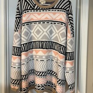 Stylish Women's Geometric Pattern Sweater - Black, White, Peach
